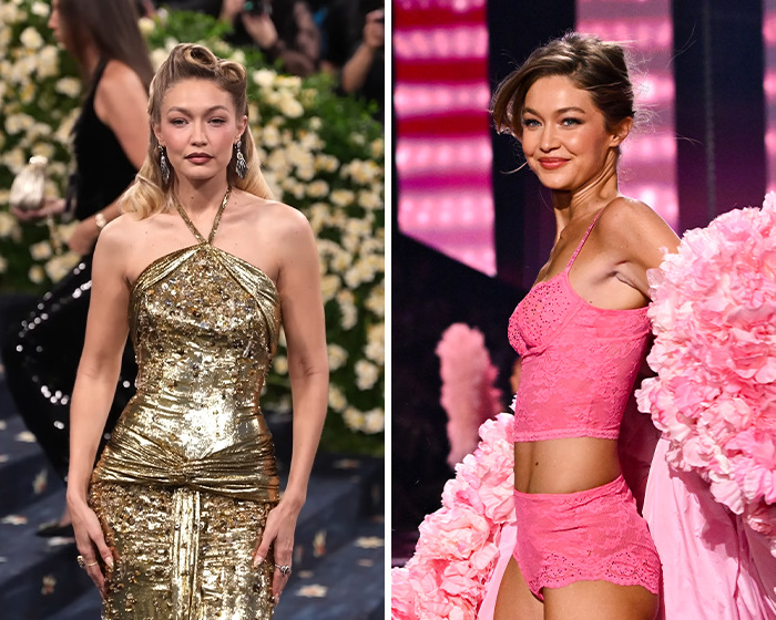 Victoria's Secret model showing noticeable difference in skin tone from fake tan in before and after shots.