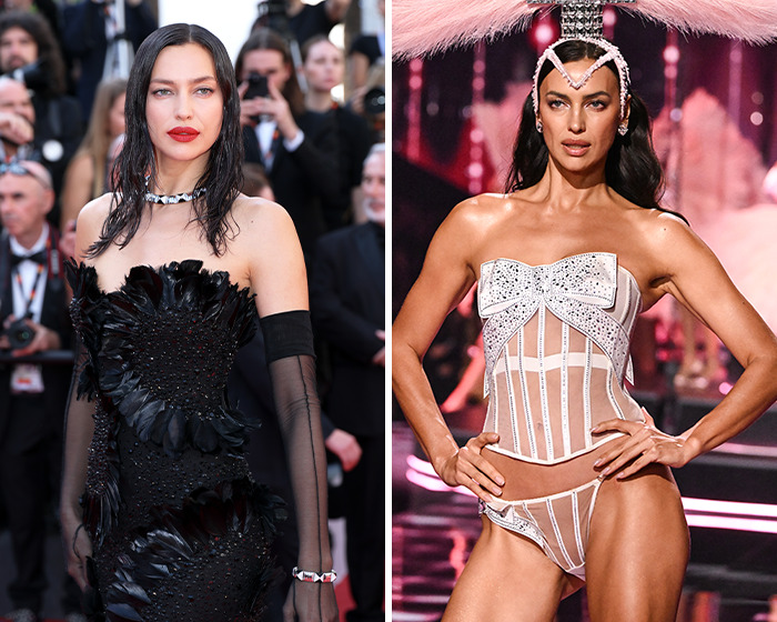 Before-and-after shots of Victoria's Secret models highlighting differences in skin tone due to fake tan application.