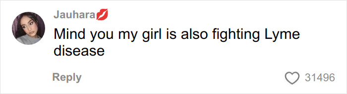 Social media comment from Jauhara about a friend fighting Lyme disease, posted under a Victoria&rsquo;s Secret Angel wings discussion.