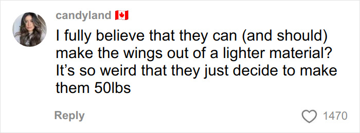 Comment discussing how Bella Hadid&rsquo;s Victoria&rsquo;s Secret Angel wings weighed 50 pounds, surprising many fans.