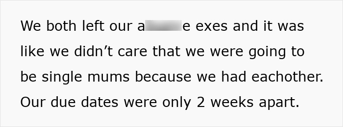 Text excerpt describing pregnant women leaving toxic exes and supporting each other as single mums with close due dates.