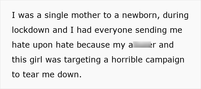 Text excerpt describing a single mother facing targeted hate and humiliation during lockdown from a bestie and ex.