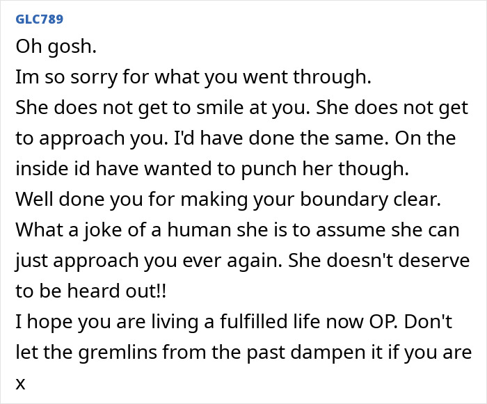 Comment expressing sympathy for a pregnant woman crushed after bestie and ex humiliate her, praising her boundary setting.