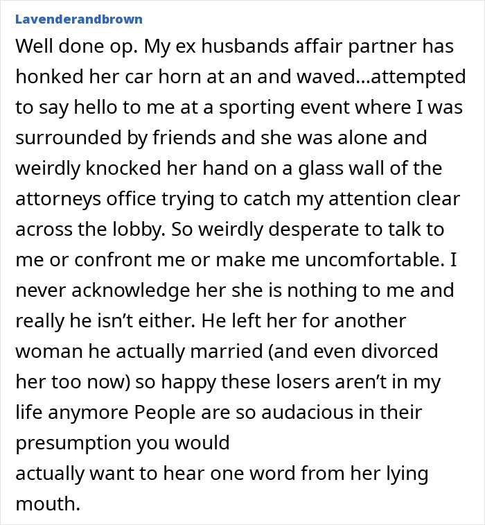 Alt text: Text post describing a woman&rsquo;s experience with her ex and his affair partner at a sporting event, highlighting humiliation.