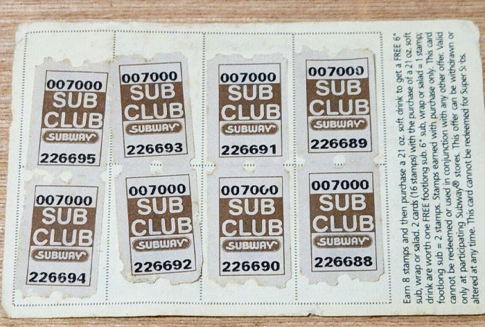Sub Club stamp card for Subway showing a loophole in collecting stamps for free drinks or sandwiches.