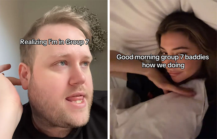 Two TikTok users reacting to the viral Group 7 trend with playful expressions and text captions.