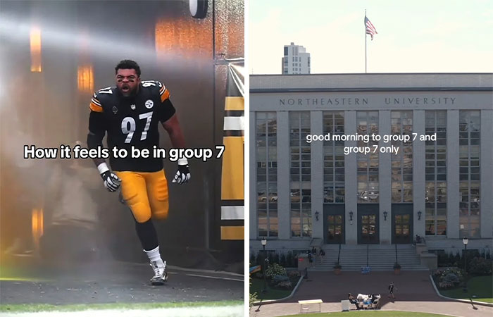 A football player wearing a Pittsburgh Steelers uniform with text about how it feels to be in group 7 viral trend on TikTok.