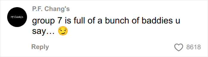 Screenshot of a TikTok comment mentioning group 7 and hinting at the viral trend's hilarious backstory online.