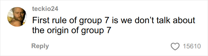 Screenshot of a TikTok comment referencing group 7, highlighting its viral and hilarious backstory on the platform.
