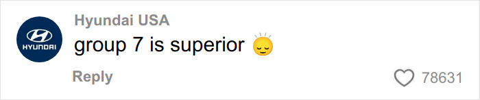 Hyundai USA comment stating group 7 is superior with a smiley face emoji and 78,631 likes on a social media post.