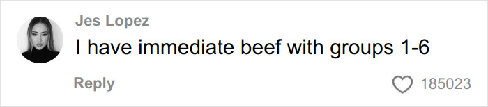TikTok comment by Jes Lopez stating immediate beef with groups 1-6, related to Group 7 viral trend discussion on TikTok.