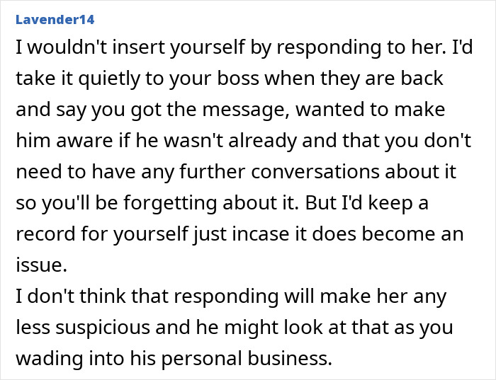 Alt text: Forum user advising caution over boss-wife claim and suggesting keeping records about an innocent worker's situation.