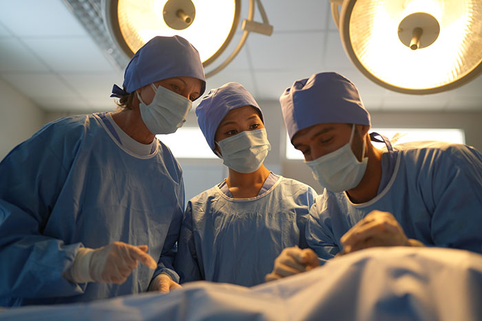 Three surgeons in scrubs and masks performing plastic surgery under operating room lights, illustrating botched plastic surgeries.