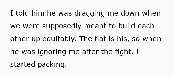 Text excerpt showing a woman explaining leaving her boyfriend over unequal chores in a relationship called a gold digger conflict.