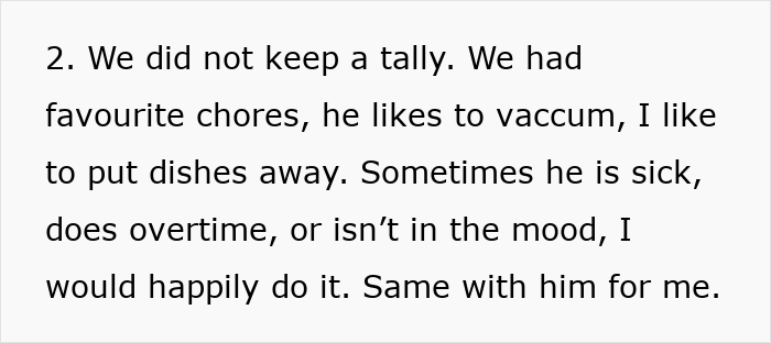 Text excerpt about sharing chores fairly between a woman and her boyfriend, discussing preferences and willingness to help.