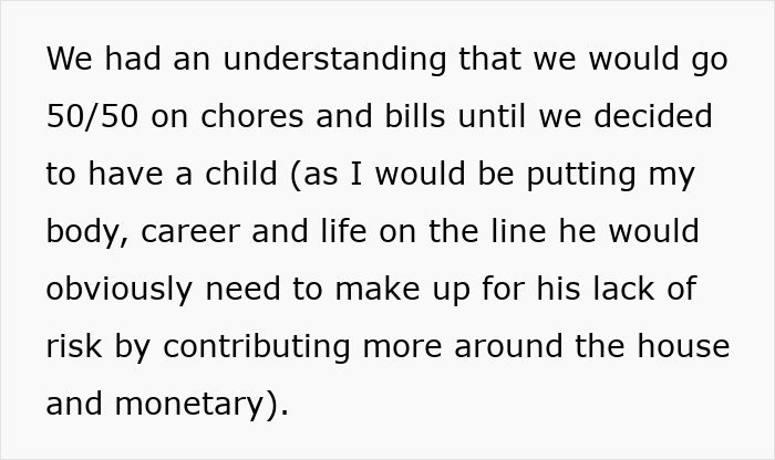 Text excerpt discussing a woman wanting fair chores and financial contribution before having a child in her relationship.