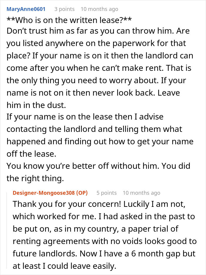 Screenshot of an online forum discussion about rent, leases, and a woman called a gold digger for fair chores.