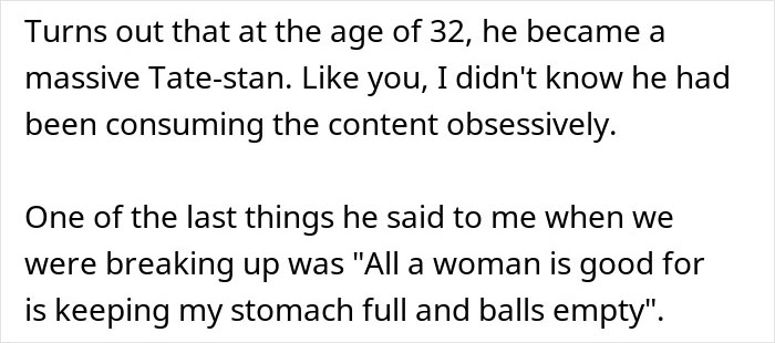 Text excerpt showing a breakup over chores, highlighting a woman called a gold digger for wanting fair chores.