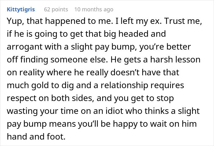 Comment about woman called a gold digger for wanting fair chores and ending relationship as boyfriend begs for rent money.