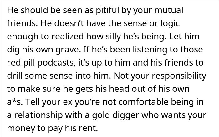 Text excerpt discussing a woman labeled a gold digger for wanting fair chores and leaving her boyfriend who begs for rent money.