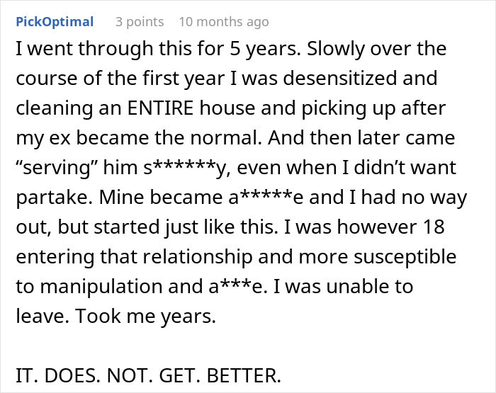Screenshot of a forum post describing a woman called a gold digger for wanting fair chores and leaving her boyfriend.
