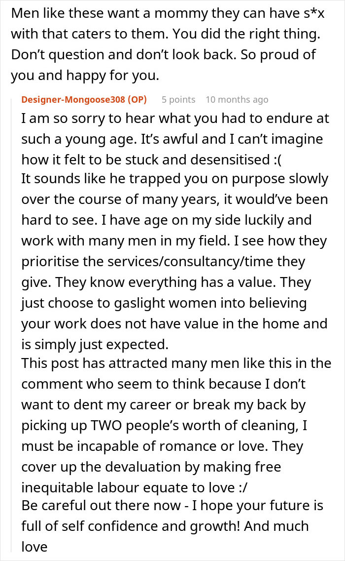 Screenshot of an online comment discussing being called a gold digger for wanting fair chores and equitable labor in relationships.