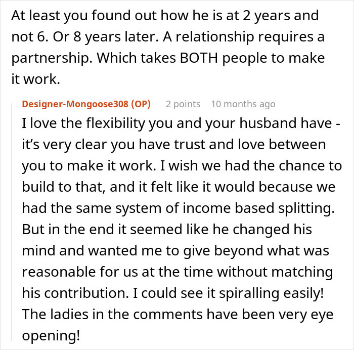 Screenshot of a discussion about fair chores and relationship partnership with a focus on trust and income-based splitting.