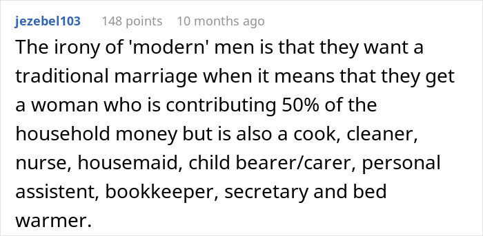 Online comment discussing the irony of modern men calling a woman a gold digger for wanting fair chores.