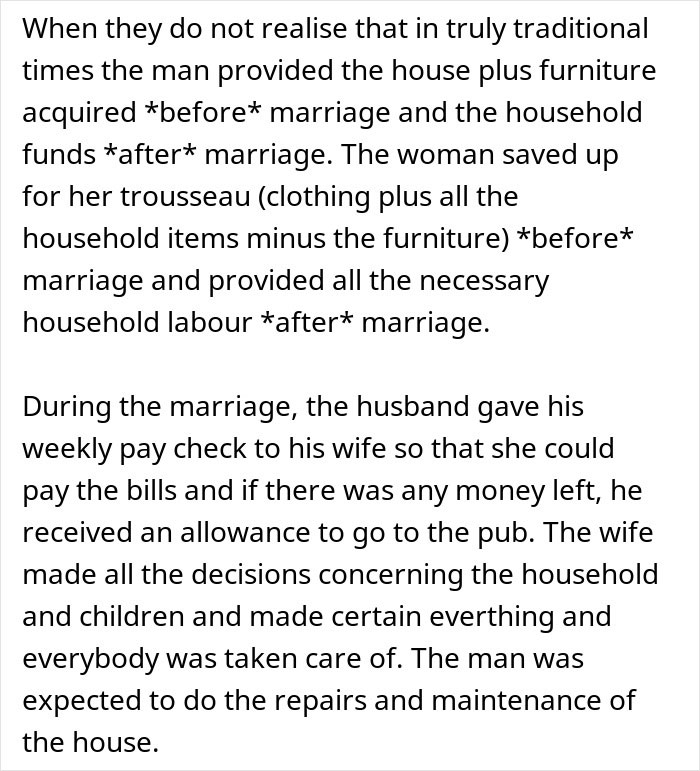 Text discussing traditional marriage roles where the woman manages chores and finances, and the man provides rent money.