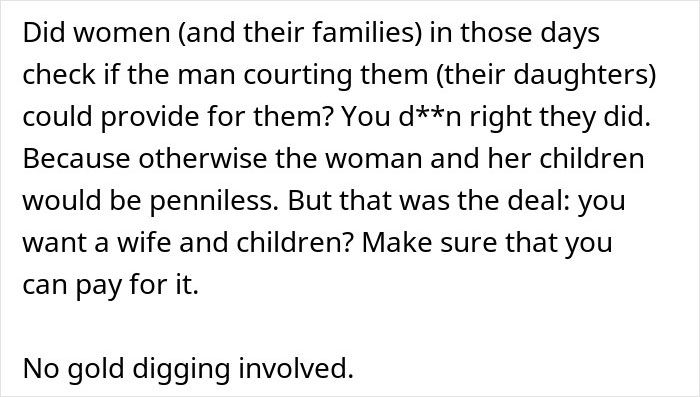 Text excerpt discussing gender roles and financial responsibility in relationships, mentioning gold digger accusations.