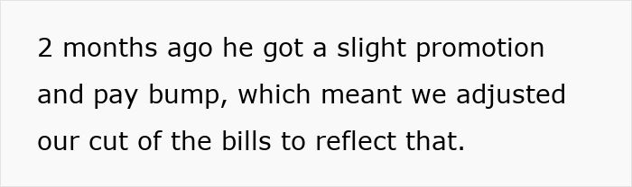Text excerpt discussing a couple adjusting bill payments after he received a promotion and pay bump.