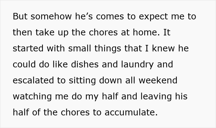 Text excerpt showing a woman explaining unfair chore distribution at home, linked to gold digger and rent issues.