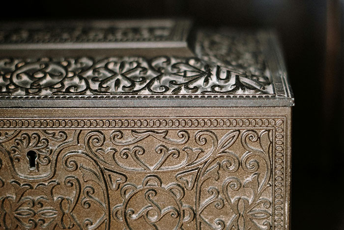 Ornate vintage jewelry box with intricate floral patterns highlighting a boyfriend destroyed girlfriends grandmas jewelry box theme.