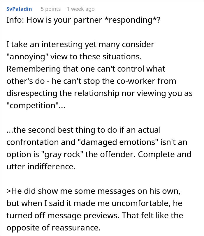 Comment discussing a man's partner upset over his work wife sending hearts and mirror selfies, advising gray rock strategy. Comment discussing a man's partner upset over his work wife sending hearts and mirror selfies, advising gray rock strategy.