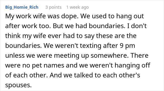 Screenshot of a Reddit comment discussing boundaries with a work wife who sends hearts and mirror selfies. Screenshot of a Reddit comment discussing boundaries with a work wife who sends hearts and mirror selfies.