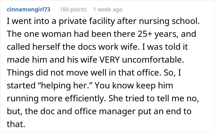 Text post from a user explaining a woman called the docs work wife made the real wife uncomfortable at a private facility. Text post from a user explaining a woman called the docs work wife made the real wife uncomfortable at a private facility.