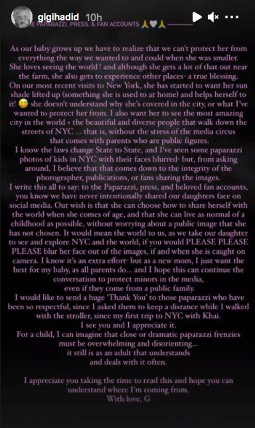 A heartfelt message from Gigi Hadid about protecting her child's privacy amid media, linking to Gigi Hadid and Bradley Cooper partnership.