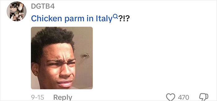 Young man making a confused face reacting to an American tourist requesting Olive Garden dish in Italy.