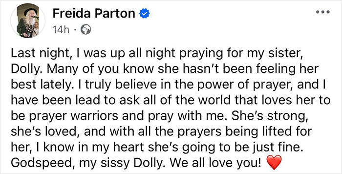 Freida Parton asking for prayers for Dolly amid health struggles, highlighting concern from Dolly Parton's sister.