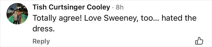 Comment from Tish Curtsinger Cooley expressing support for Sydney Sweeney but dislike for her controversial dress.