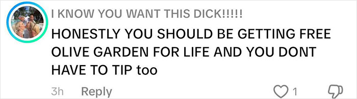 Comment on social media about getting free Olive Garden for life, related to Olive Garden hoax involving a student. Comment on social media about getting free Olive Garden for life, related to Olive Garden hoax involving a student.