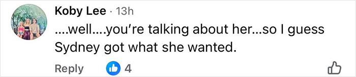 Comment by Koby Lee responding to Sydney Sweeney, referencing controversy and modesty debate in a social media post.