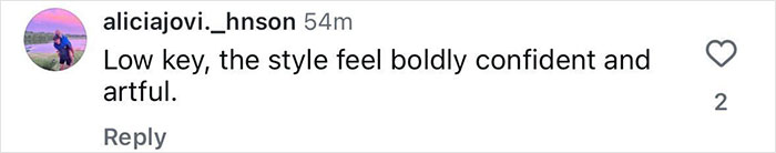 Comment on social media by user aliciajovi._hnson praising a pop star's boldly confident and artful style at Paris Fashion Week.