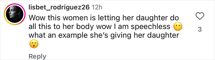 Instagram comment criticizing Farrah Abraham for letting her 16-year-old daughter get a pelvic tattoo, expressing shock and speechlessness. Instagram comment criticizing Farrah Abraham for letting her 16-year-old daughter get a pelvic tattoo, expressing shock and speechlessness.