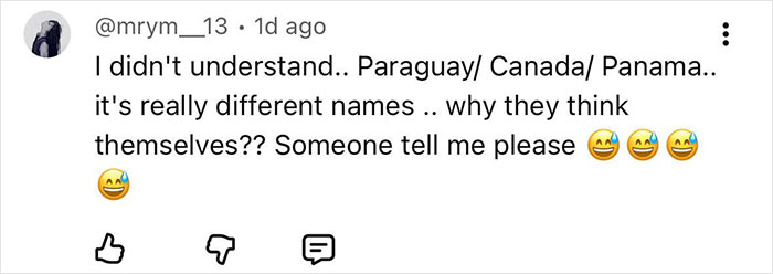 Social media comment questioning confusion around country names including Panama, sparking discussion on onstage fail.