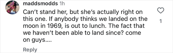 Comment from user maddsmodds expressing skepticism about the 1969 moon landing and questioning its authenticity.