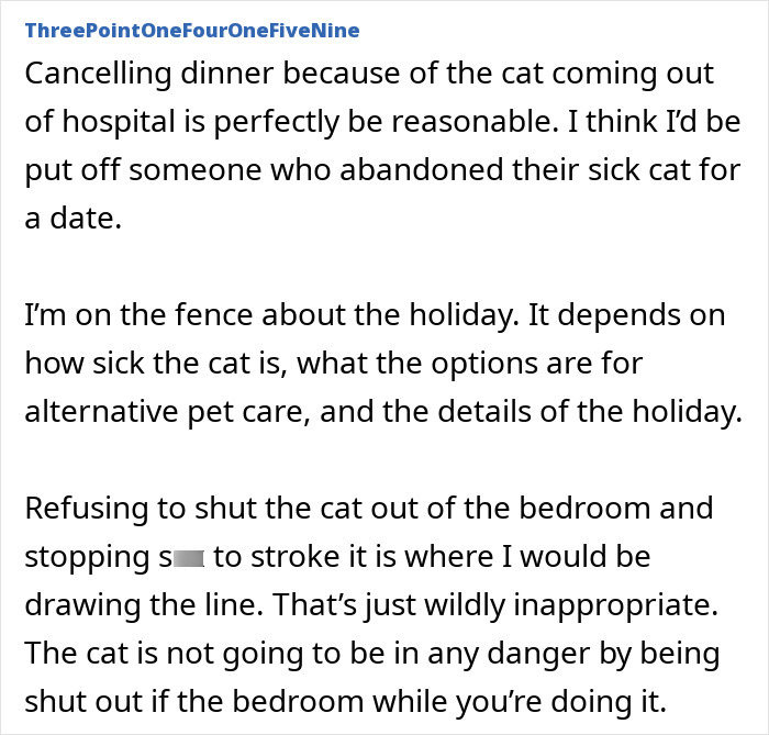 Person stroking cat during intimacy while discussing caring for a sick cat and holiday plans involving pet care.