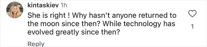 User comment discussing skepticism about the 1969 moon landing and technology advancements since then.