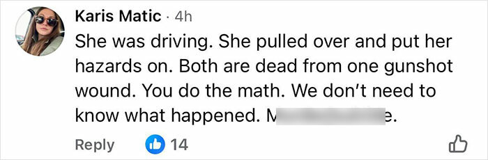 Comment from Karis Matic revealing the cause of passing of couple found lifeless in car from a gunshot wound.
