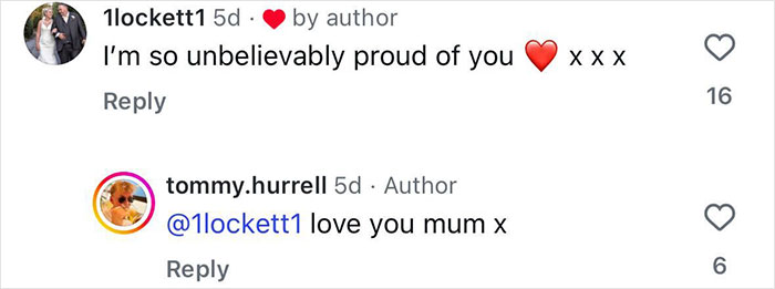 Screenshot of Instagram comments showing a conversation between a user and author about pride and love after leg amputation decision.